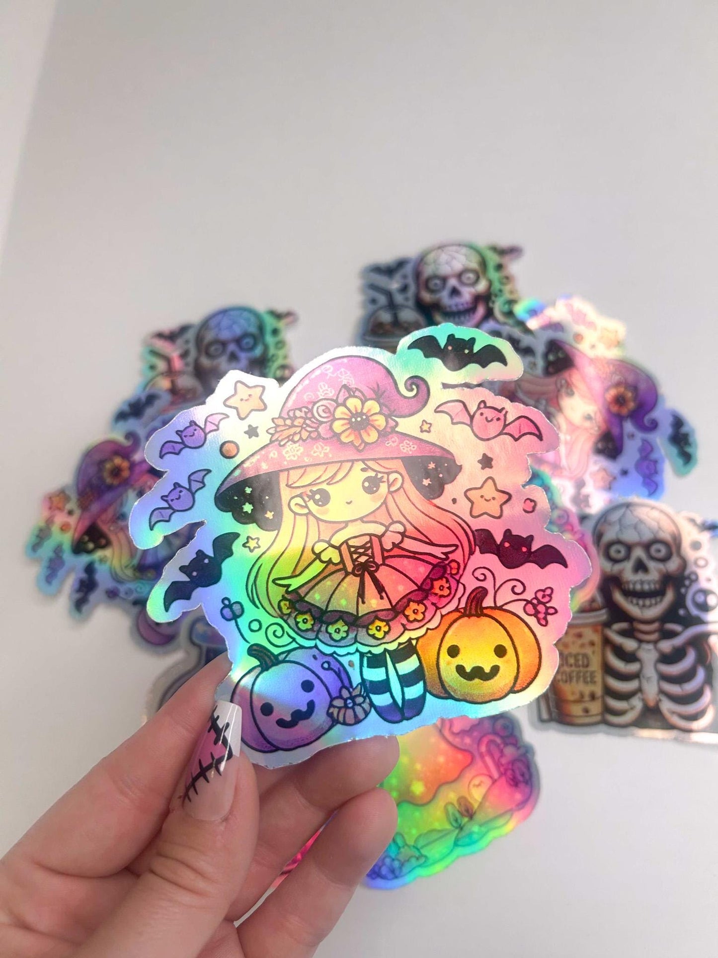 Holographic Witch Sticker | Kawaii Halloween Witch with Pumpkins and Bats | Adorable Witchy Sticker