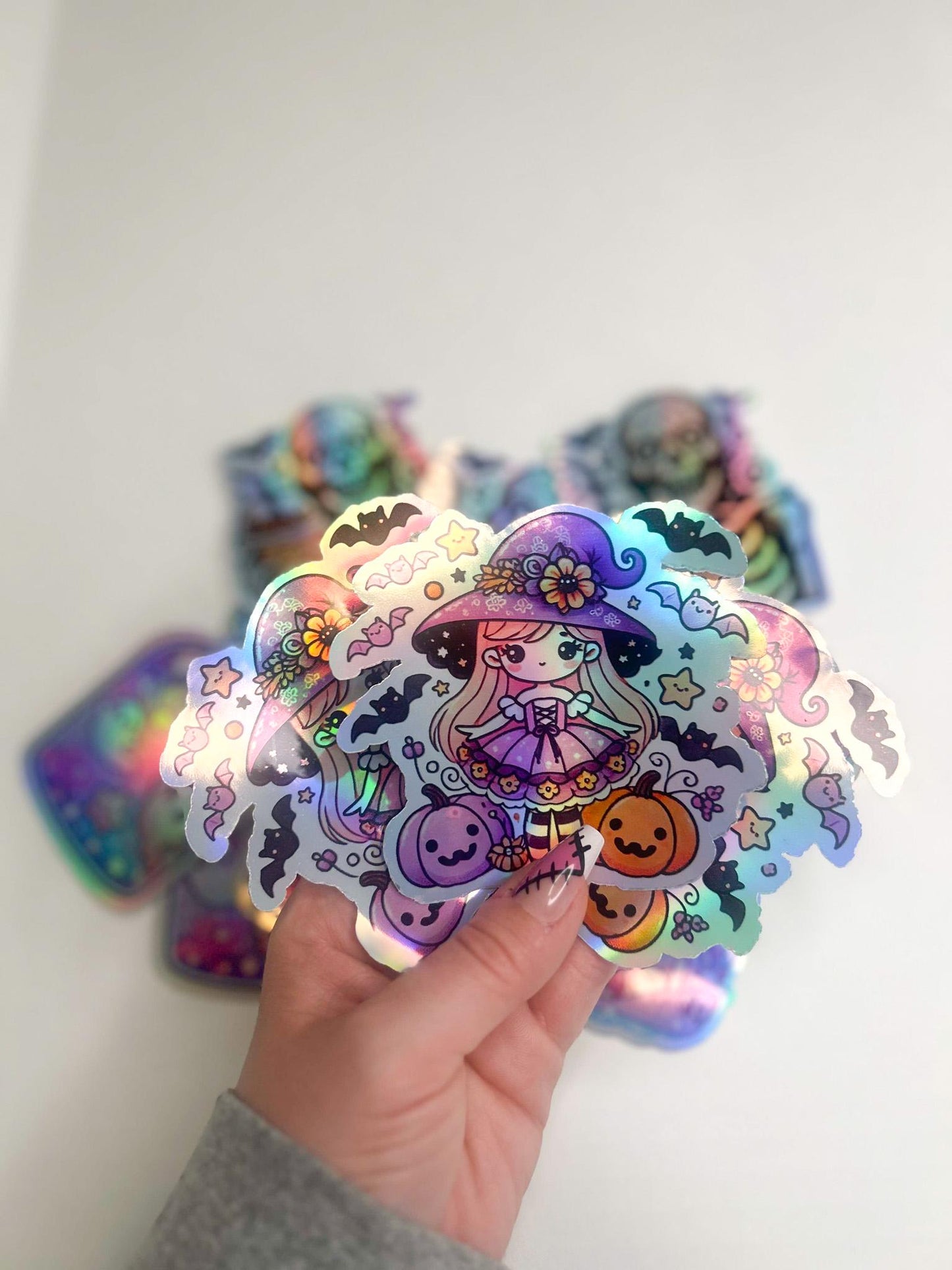 Holographic Witch Sticker | Kawaii Halloween Witch with Pumpkins and Bats | Adorable Witchy Sticker