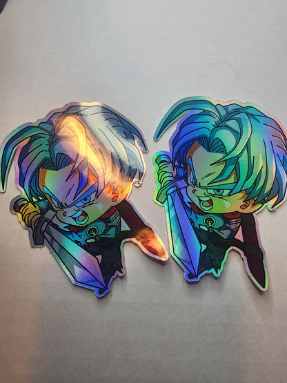 Future Trunks Holographic Sticker - Chibi Saiyan Warrior with Sword - Anime Hero Sticker for Laptops, Water Bottles, Journals - DBZ Fan Gift