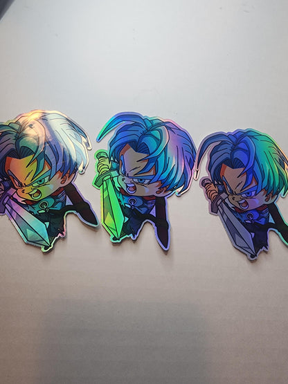 Future Trunks Holographic Sticker - Chibi Saiyan Warrior with Sword - Anime Hero Sticker for Laptops, Water Bottles, Journals - DBZ Fan Gift